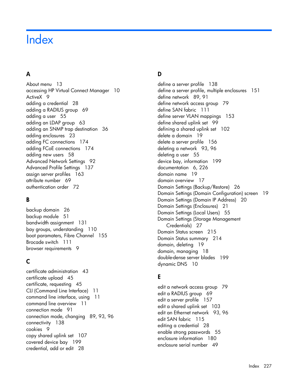 Index | HP 1.10GB Virtual Connect Ethernet Module for c-Class BladeSystem User Manual | Page 227 / 230