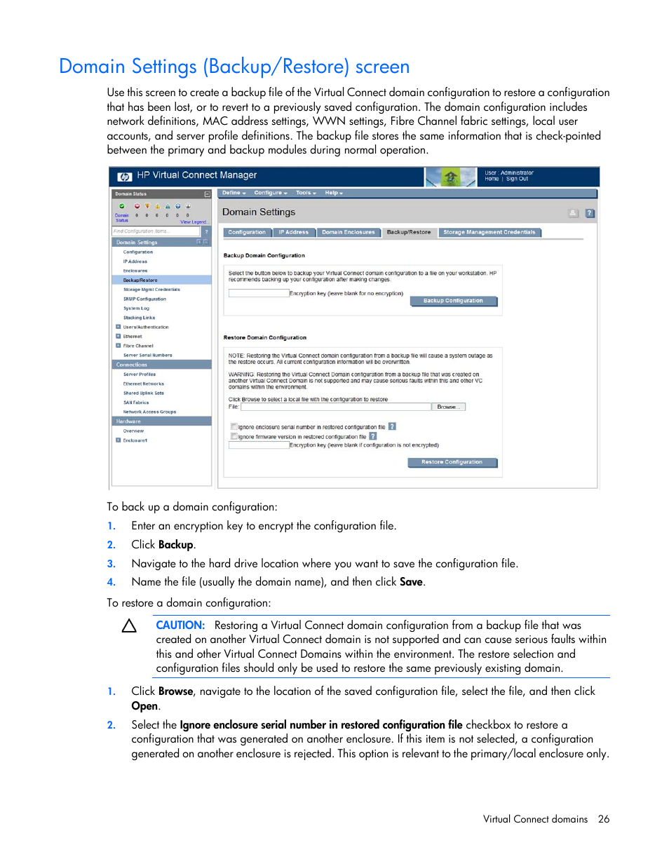 Domain settings (backup/restore) screen | HP 1.10GB Virtual Connect Ethernet Module for c-Class BladeSystem User Manual | Page 26 / 230