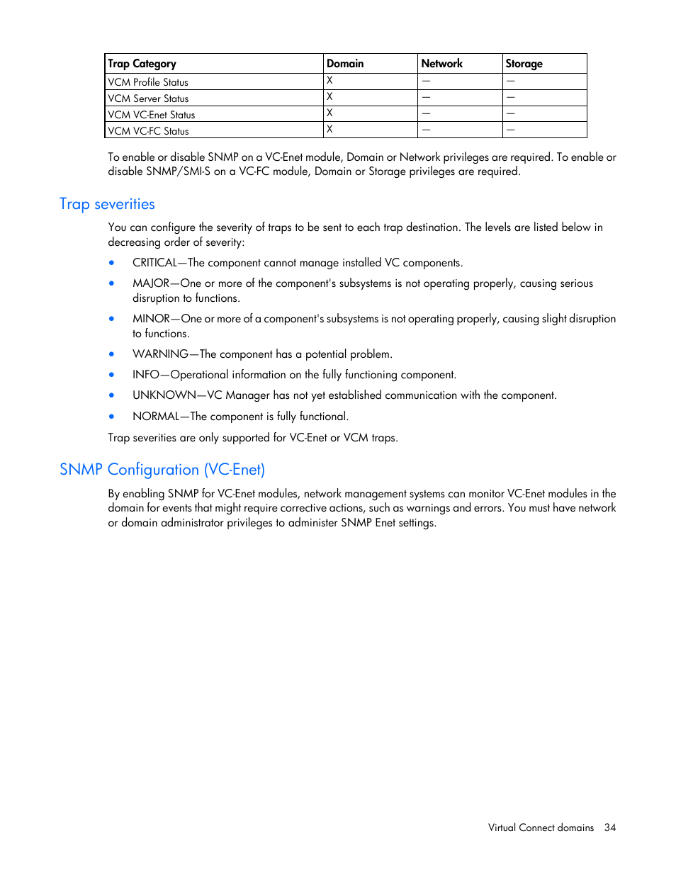 Trap severities, Snmp configuration (vc-enet) | HP 1.10GB Virtual Connect Ethernet Module for c-Class BladeSystem User Manual | Page 34 / 230