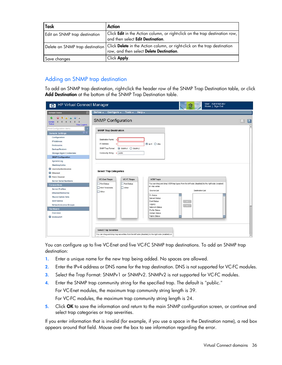 Adding an snmp trap destination, Adding an snmp trap, Destination | HP 1.10GB Virtual Connect Ethernet Module for c-Class BladeSystem User Manual | Page 36 / 230