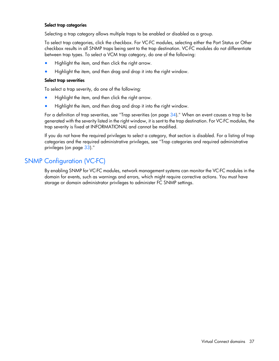 Snmp configuration (vc-fc) | HP 1.10GB Virtual Connect Ethernet Module for c-Class BladeSystem User Manual | Page 37 / 230