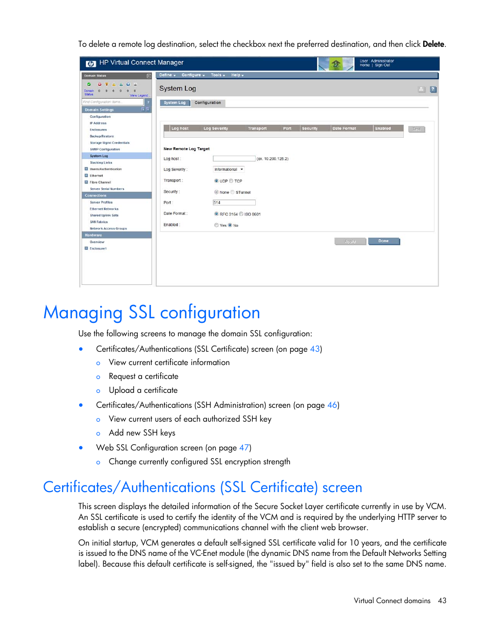 Managing ssl configuration | HP 1.10GB Virtual Connect Ethernet Module for c-Class BladeSystem User Manual | Page 43 / 230