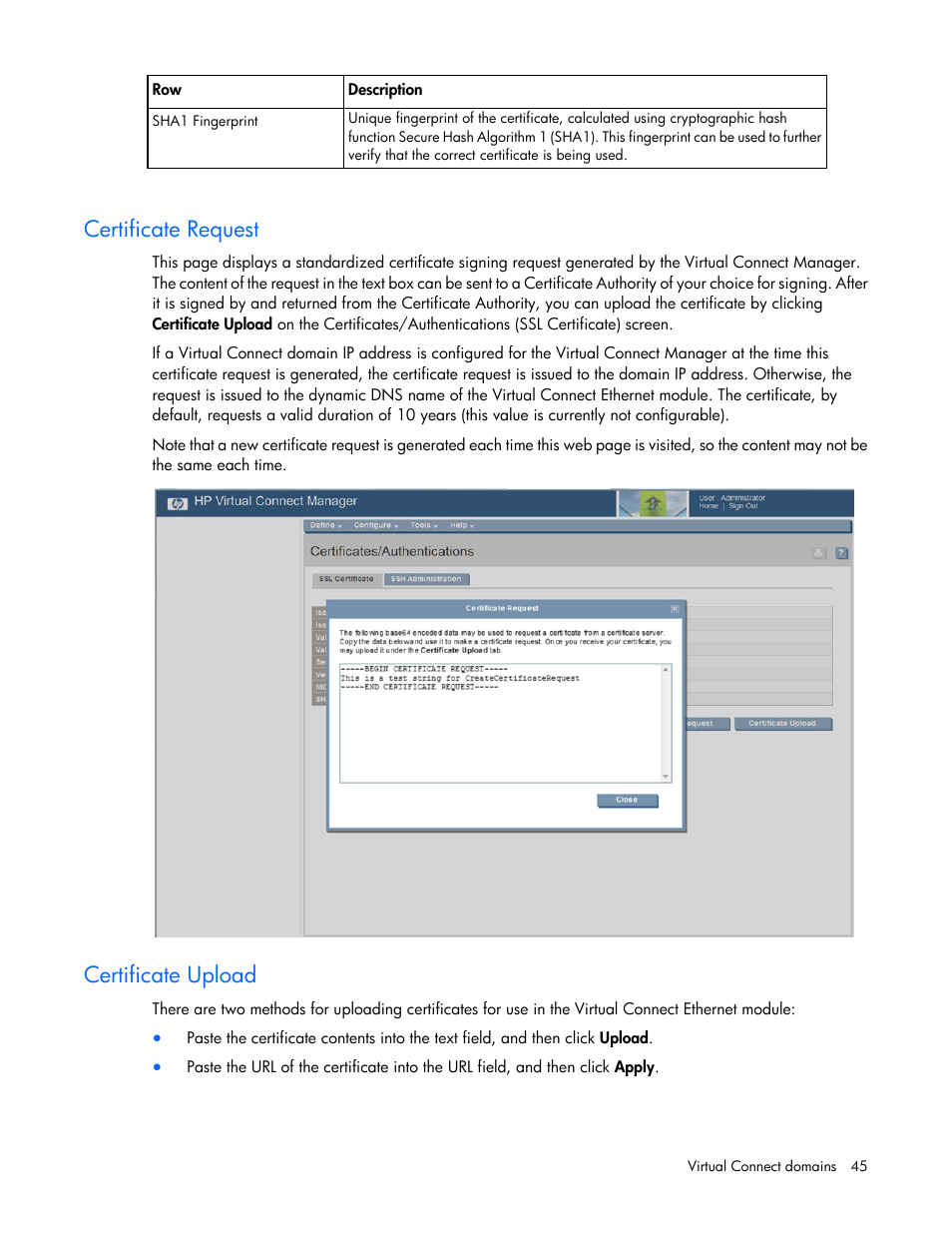 Certificate request, Certificate upload | HP 1.10GB Virtual Connect Ethernet Module for c-Class BladeSystem User Manual | Page 45 / 230