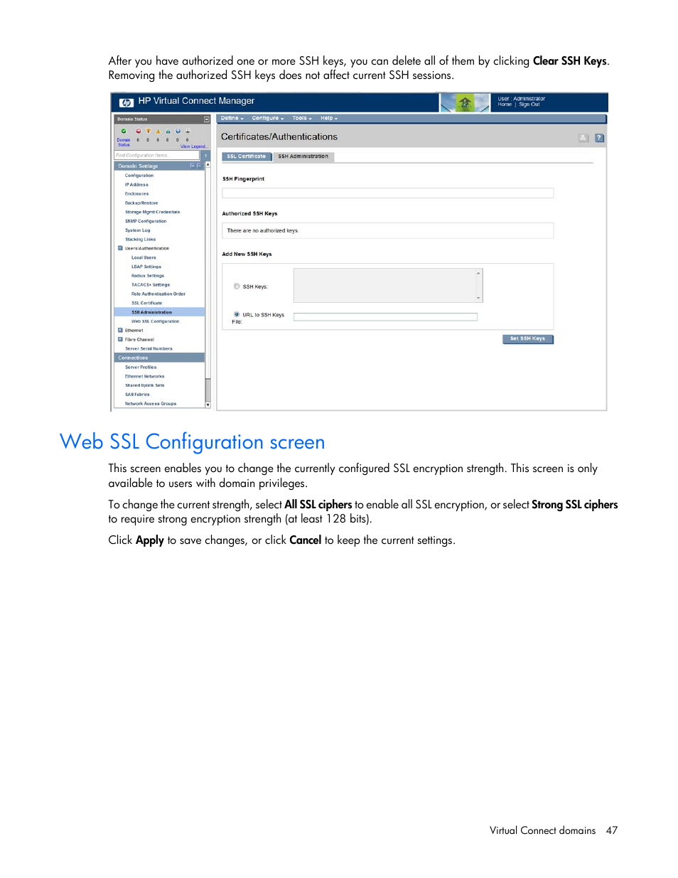 Web ssl configuration screen | HP 1.10GB Virtual Connect Ethernet Module for c-Class BladeSystem User Manual | Page 47 / 230