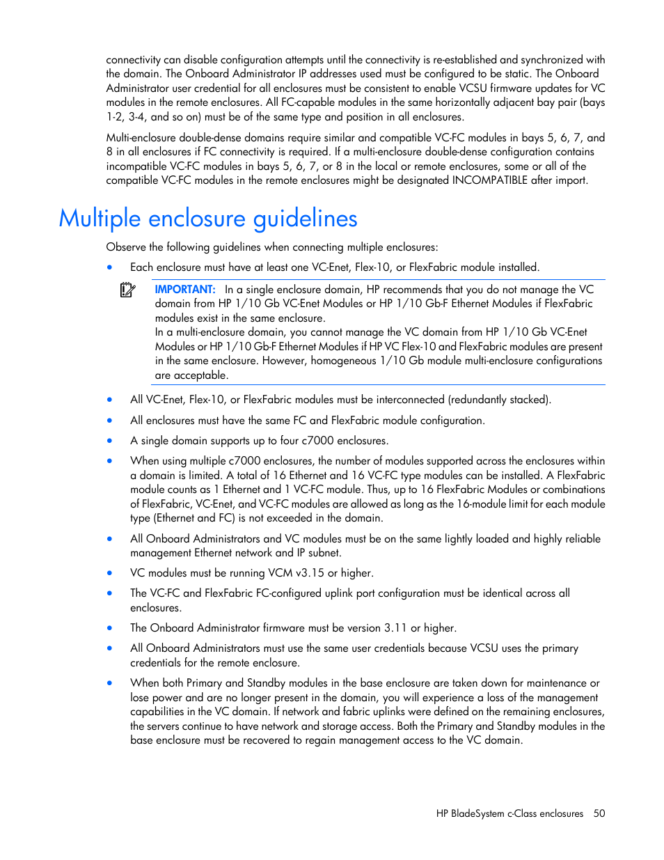 Multiple enclosure guidelines | HP 1.10GB Virtual Connect Ethernet Module for c-Class BladeSystem User Manual | Page 50 / 230