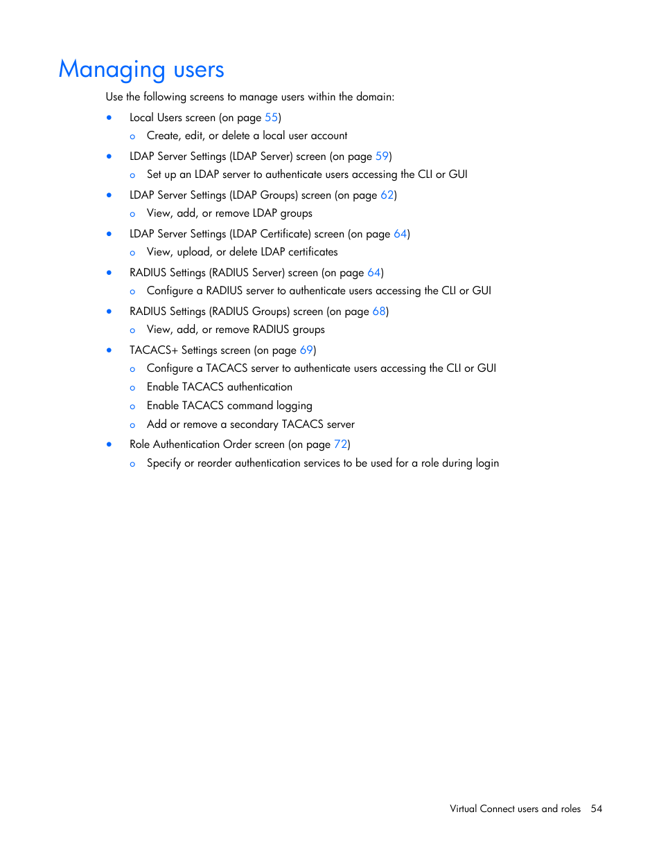 Managing users | HP 1.10GB Virtual Connect Ethernet Module for c-Class BladeSystem User Manual | Page 54 / 230