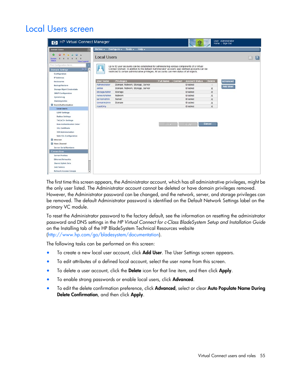 Local users screen | HP 1.10GB Virtual Connect Ethernet Module for c-Class BladeSystem User Manual | Page 55 / 230