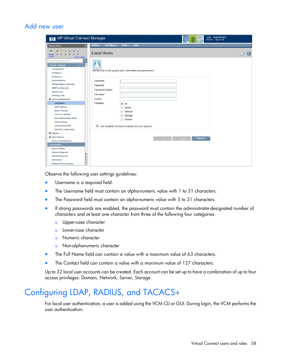 Add new user, Configuring ldap, radius, and tacacs | HP 1.10GB Virtual Connect Ethernet Module for c-Class BladeSystem User Manual | Page 58 / 230