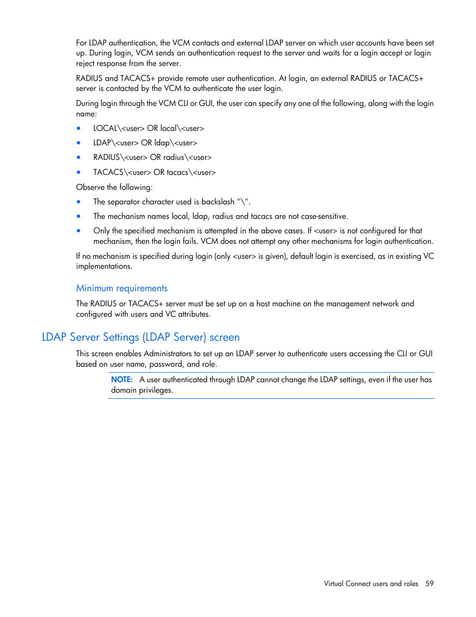 Minimum requirements, Ldap server settings (ldap server) screen | HP 1.10GB Virtual Connect Ethernet Module for c-Class BladeSystem User Manual | Page 59 / 230