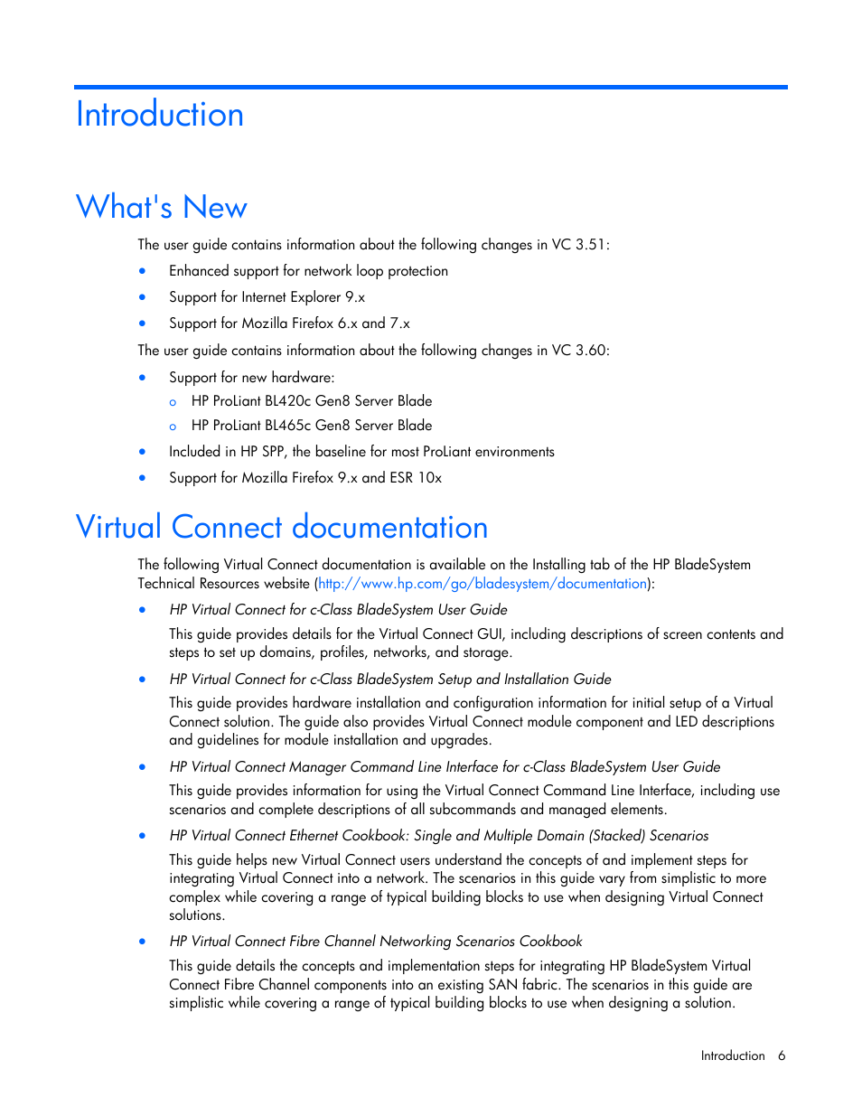 Introduction, What's new, Virtual connect documentation | HP 1.10GB Virtual Connect Ethernet Module for c-Class BladeSystem User Manual | Page 6 / 230