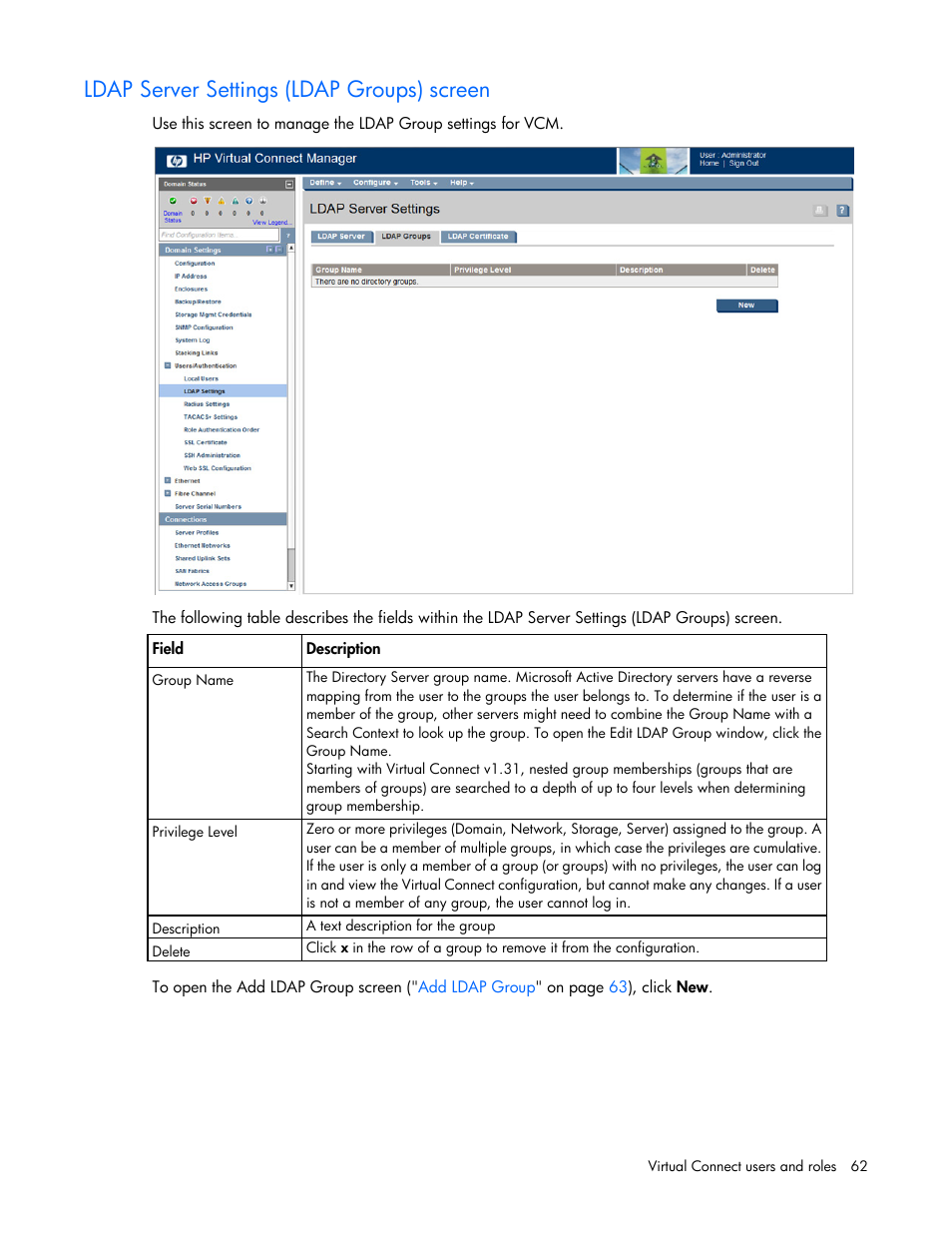 Ldap server settings (ldap groups) screen | HP 1.10GB Virtual Connect Ethernet Module for c-Class BladeSystem User Manual | Page 62 / 230