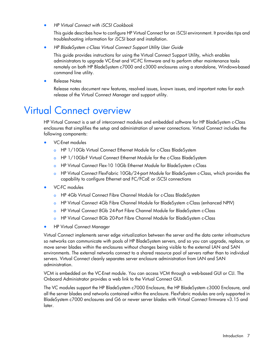 Virtual connect overview | HP 1.10GB Virtual Connect Ethernet Module for c-Class BladeSystem User Manual | Page 7 / 230