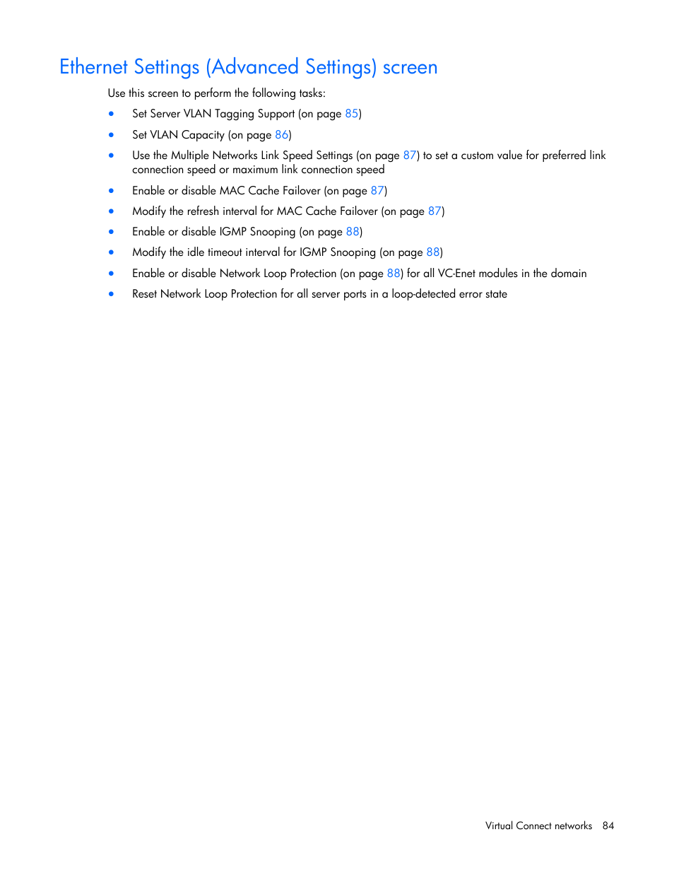 Ethernet settings (advanced settings) screen | HP 1.10GB Virtual Connect Ethernet Module for c-Class BladeSystem User Manual | Page 84 / 230