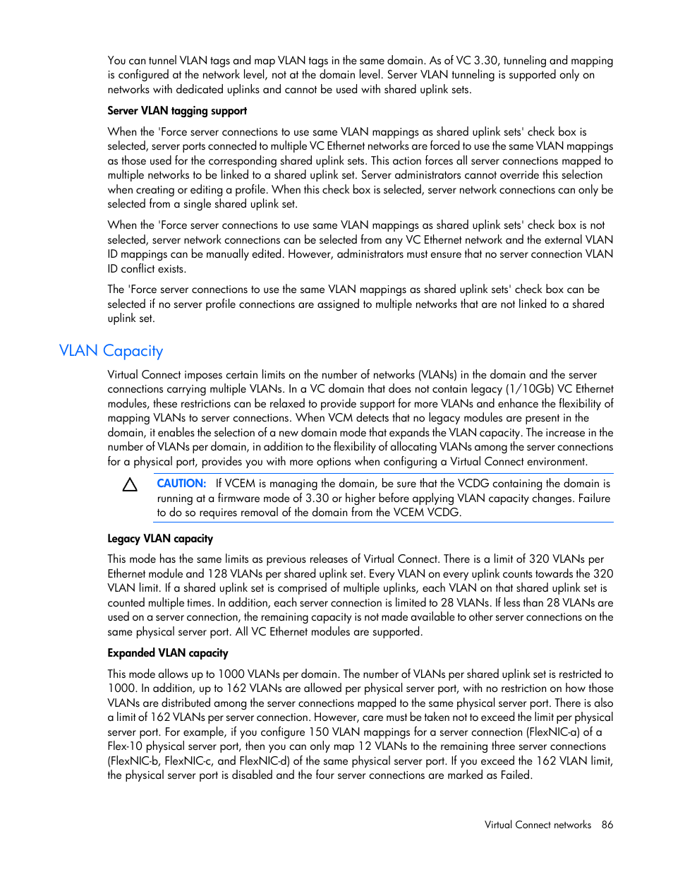 Vlan capacity | HP 1.10GB Virtual Connect Ethernet Module for c-Class BladeSystem User Manual | Page 86 / 230