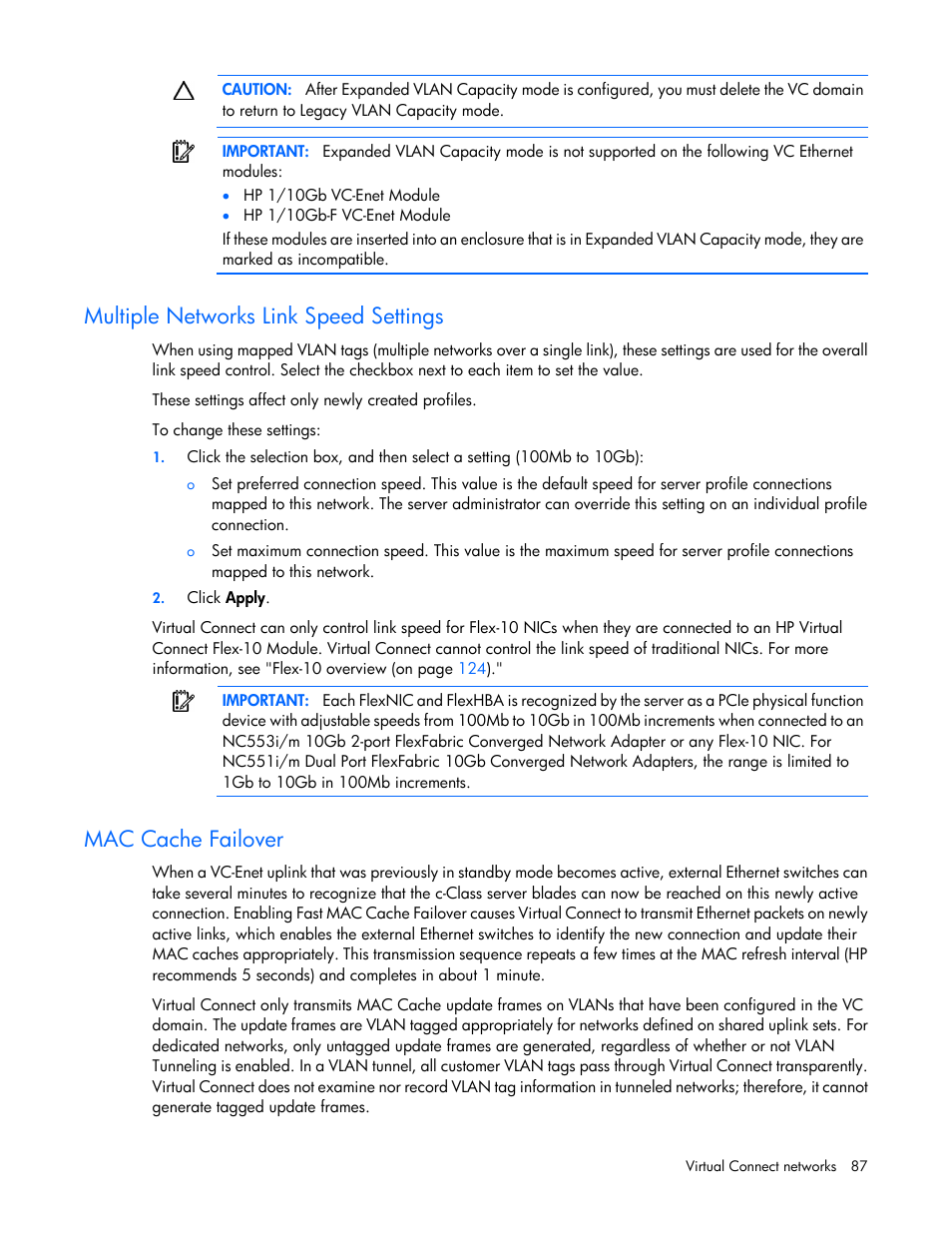 Multiple networks link speed settings, Mac cache failover | HP 1.10GB Virtual Connect Ethernet Module for c-Class BladeSystem User Manual | Page 87 / 230