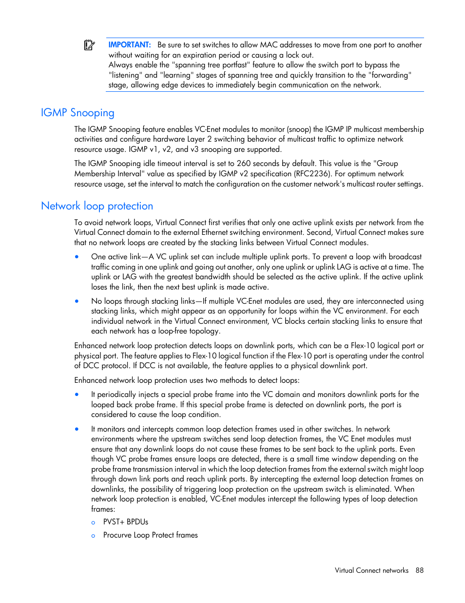 Igmp snooping, Network loop protection | HP 1.10GB Virtual Connect Ethernet Module for c-Class BladeSystem User Manual | Page 88 / 230