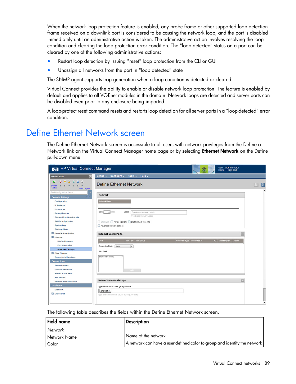 Define ethernet network screen | HP 1.10GB Virtual Connect Ethernet Module for c-Class BladeSystem User Manual | Page 89 / 230