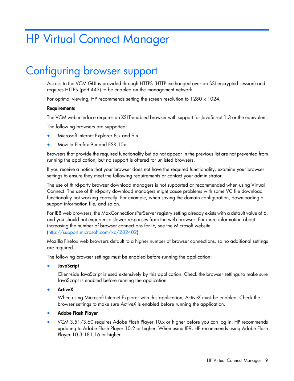 Hp virtual connect manager, Configuring browser support | HP 1.10GB Virtual Connect Ethernet Module for c-Class BladeSystem User Manual | Page 9 / 230