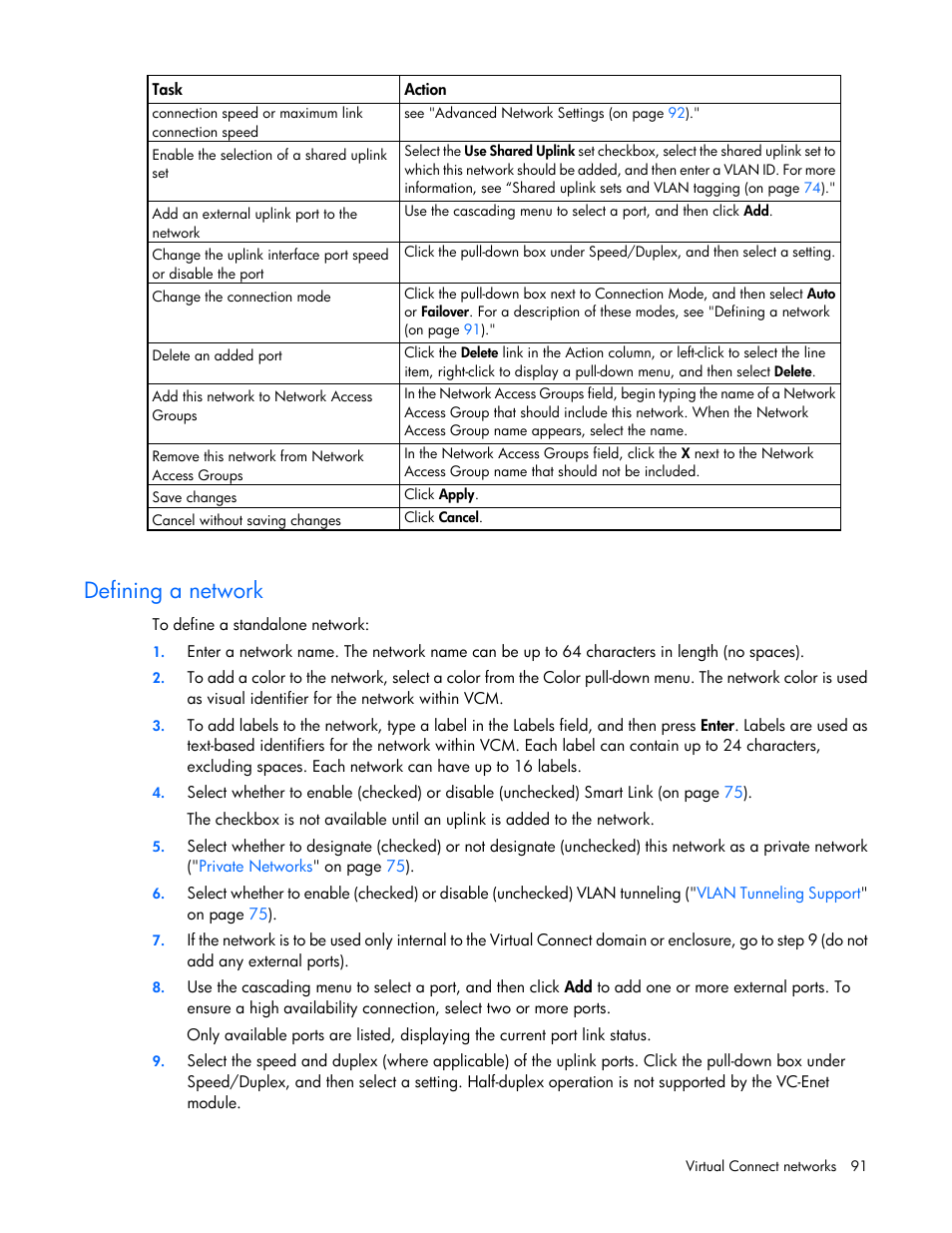 Defining a network | HP 1.10GB Virtual Connect Ethernet Module for c-Class BladeSystem User Manual | Page 91 / 230