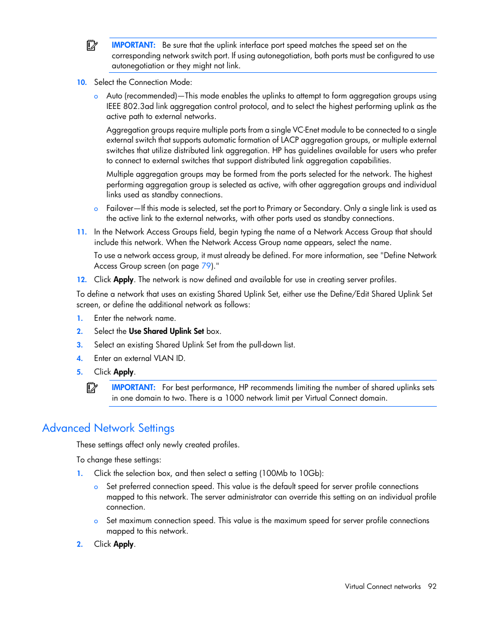 Advanced network settings | HP 1.10GB Virtual Connect Ethernet Module for c-Class BladeSystem User Manual | Page 92 / 230