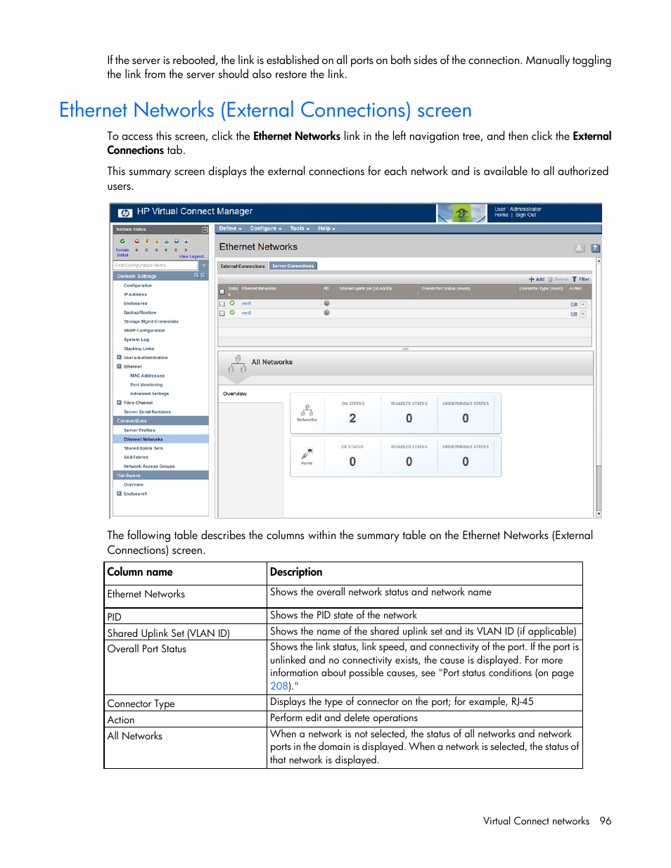 Ethernet networks (external connections) screen | HP 1.10GB Virtual Connect Ethernet Module for c-Class BladeSystem User Manual | Page 96 / 230