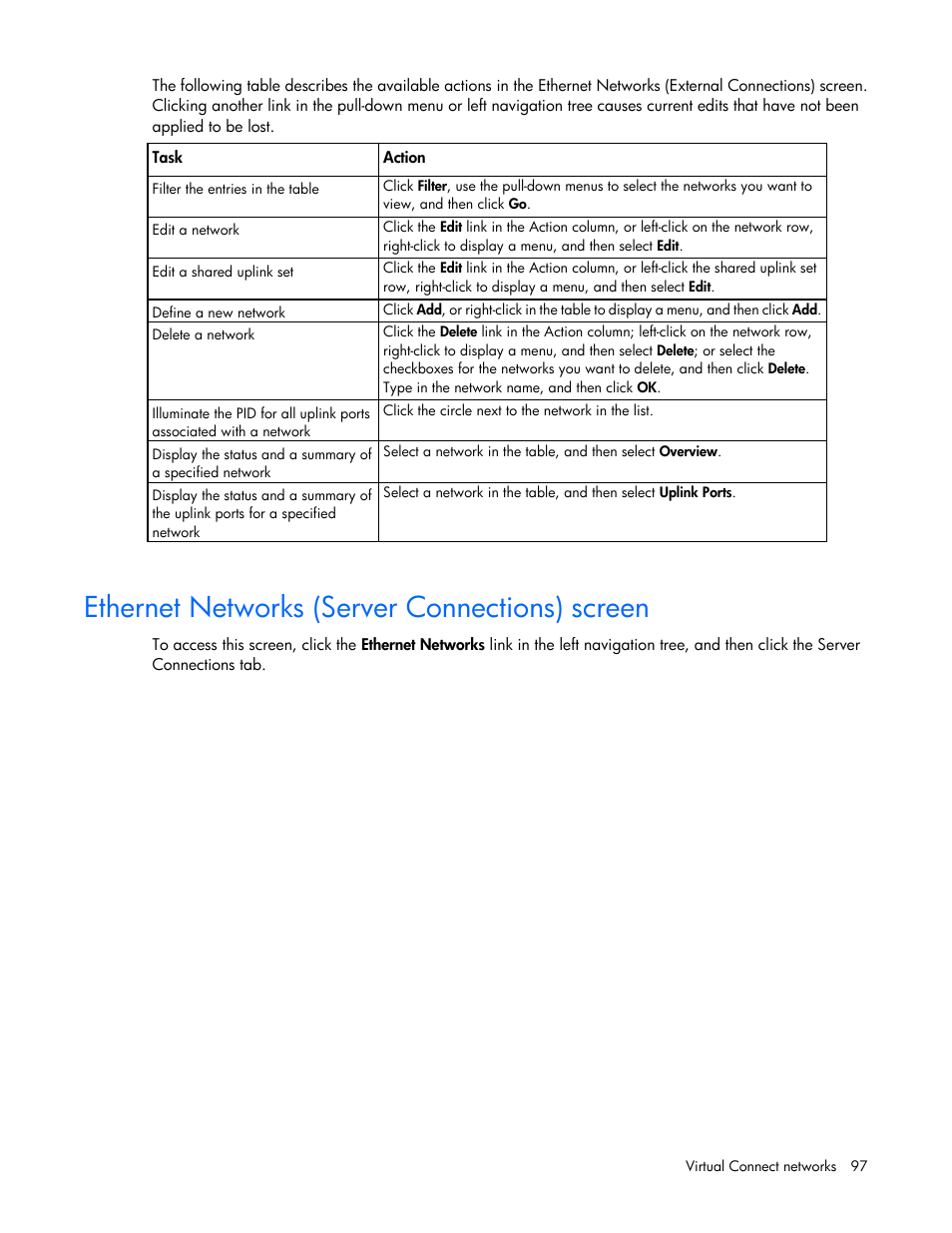 Ethernet networks (server connections) screen | HP 1.10GB Virtual Connect Ethernet Module for c-Class BladeSystem User Manual | Page 97 / 230