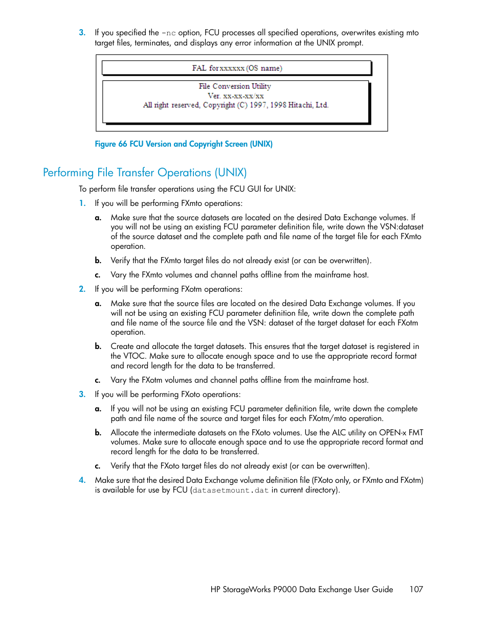 Performing file transfer operations (unix), Fcu version and copyright screen (unix) | HP XP P9500 Storage User Manual | Page 107 / 182