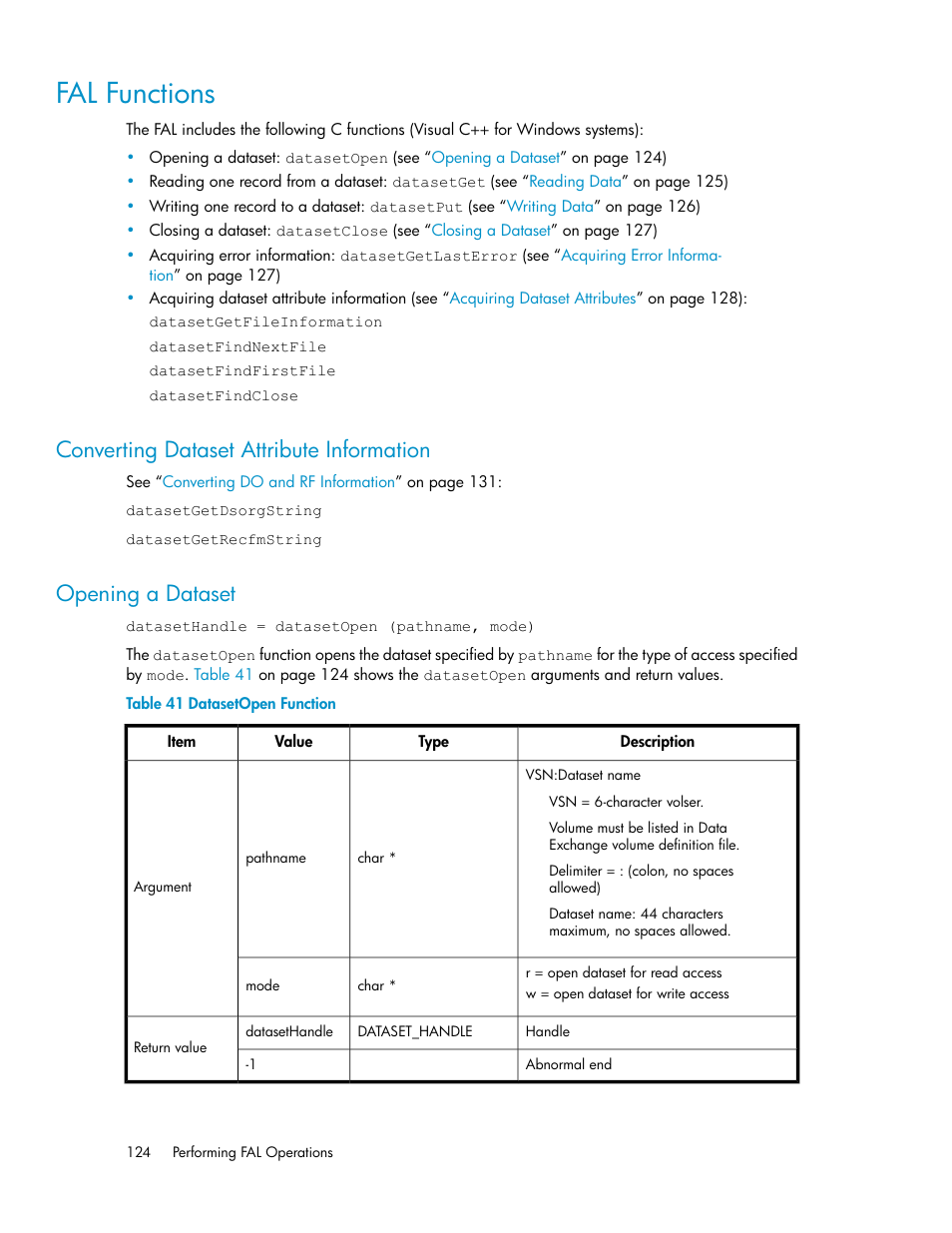 Fal functions, Converting dataset attribute information, Opening a dataset | 124 opening a dataset, Datasetopen function | HP XP P9500 Storage User Manual | Page 124 / 182