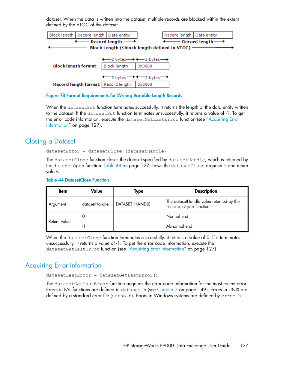 Closing a dataset, Acquiring error information, 127 acquiring error information | Datasetclose function, Acquiring error informa, Tion, Acquiring error, Information, Figure 78 | HP XP P9500 Storage User Manual | Page 127 / 182