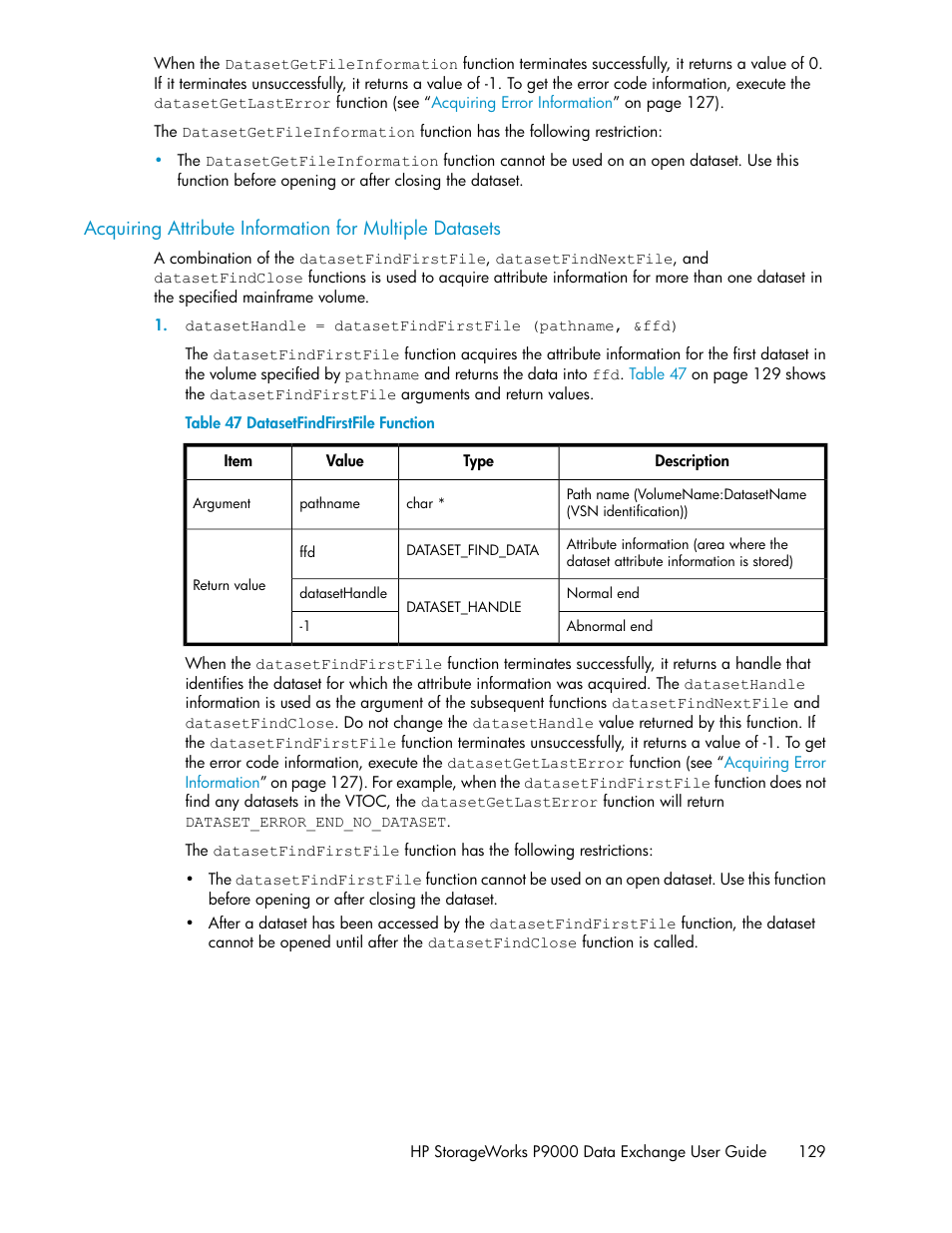 Datasetfindfirstfile function | HP XP P9500 Storage User Manual | Page 129 / 182