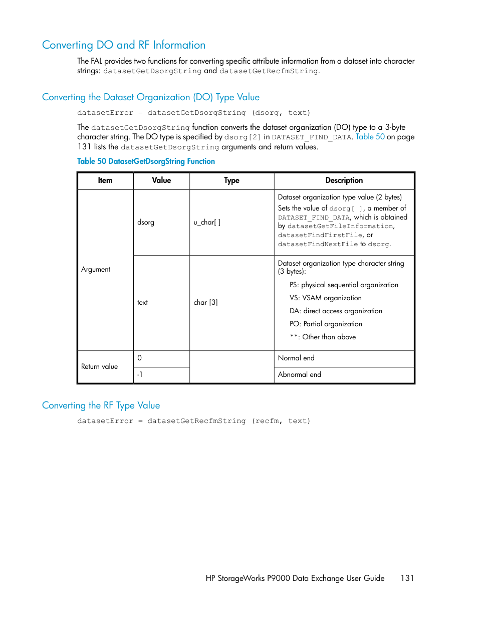 Converting do and rf information, Converting the rf type value, 131 converting the rf type value | Datasetgetdsorgstring function | HP XP P9500 Storage User Manual | Page 131 / 182