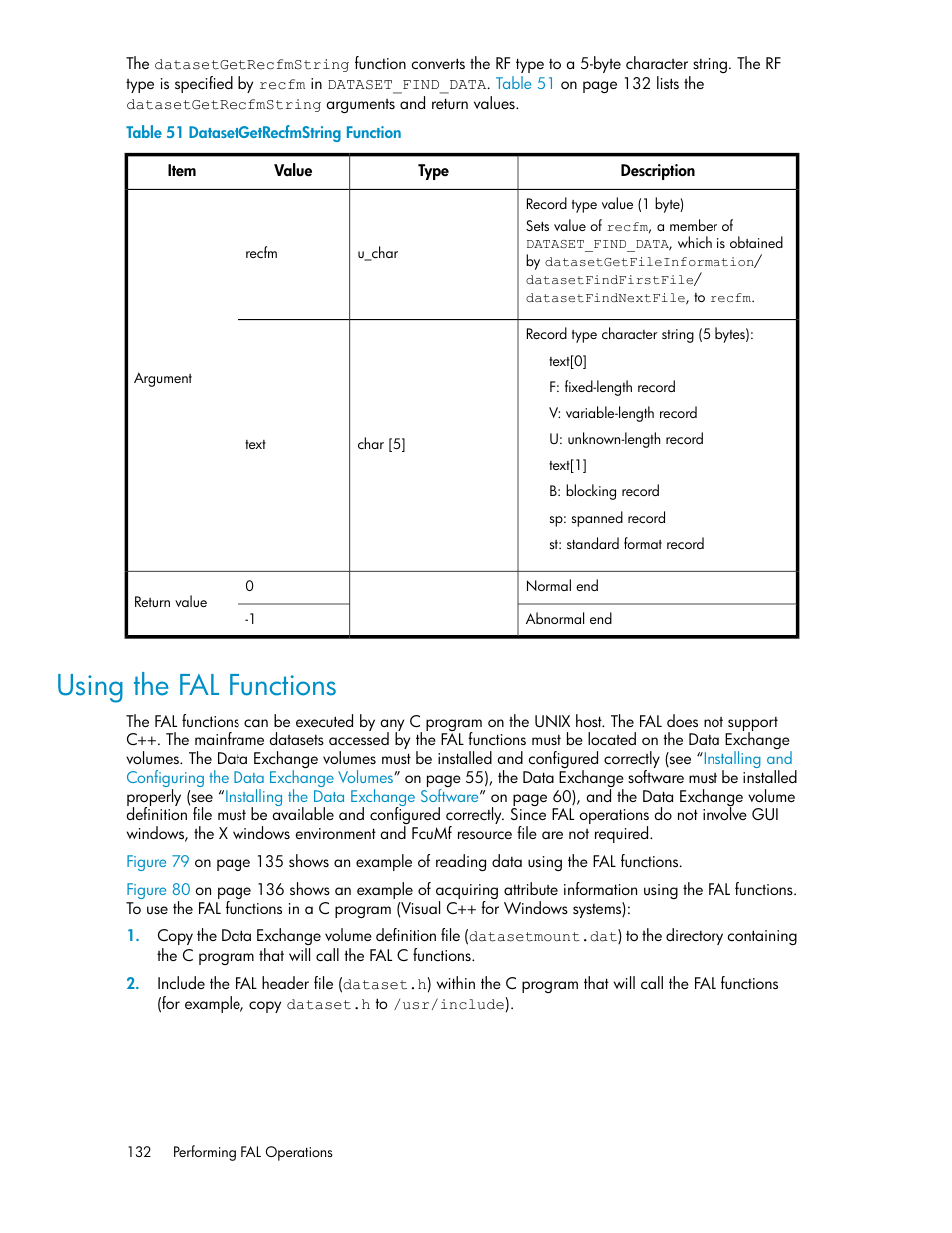 Using the fal functions, Datasetgetrecfmstring function | HP XP P9500 Storage User Manual | Page 132 / 182