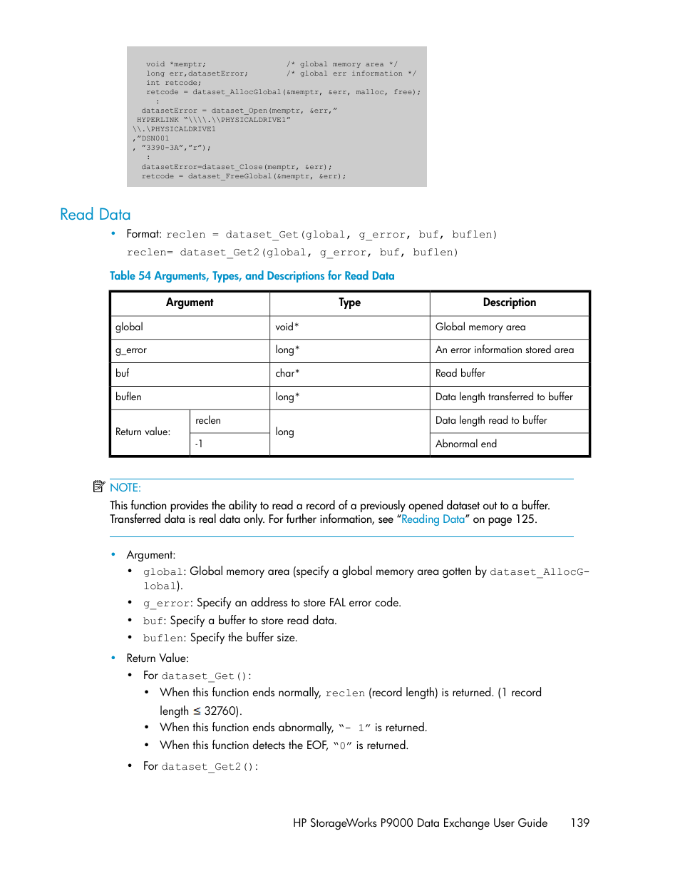 Read data, Arguments, types, and descriptions for read data | HP XP P9500 Storage User Manual | Page 139 / 182
