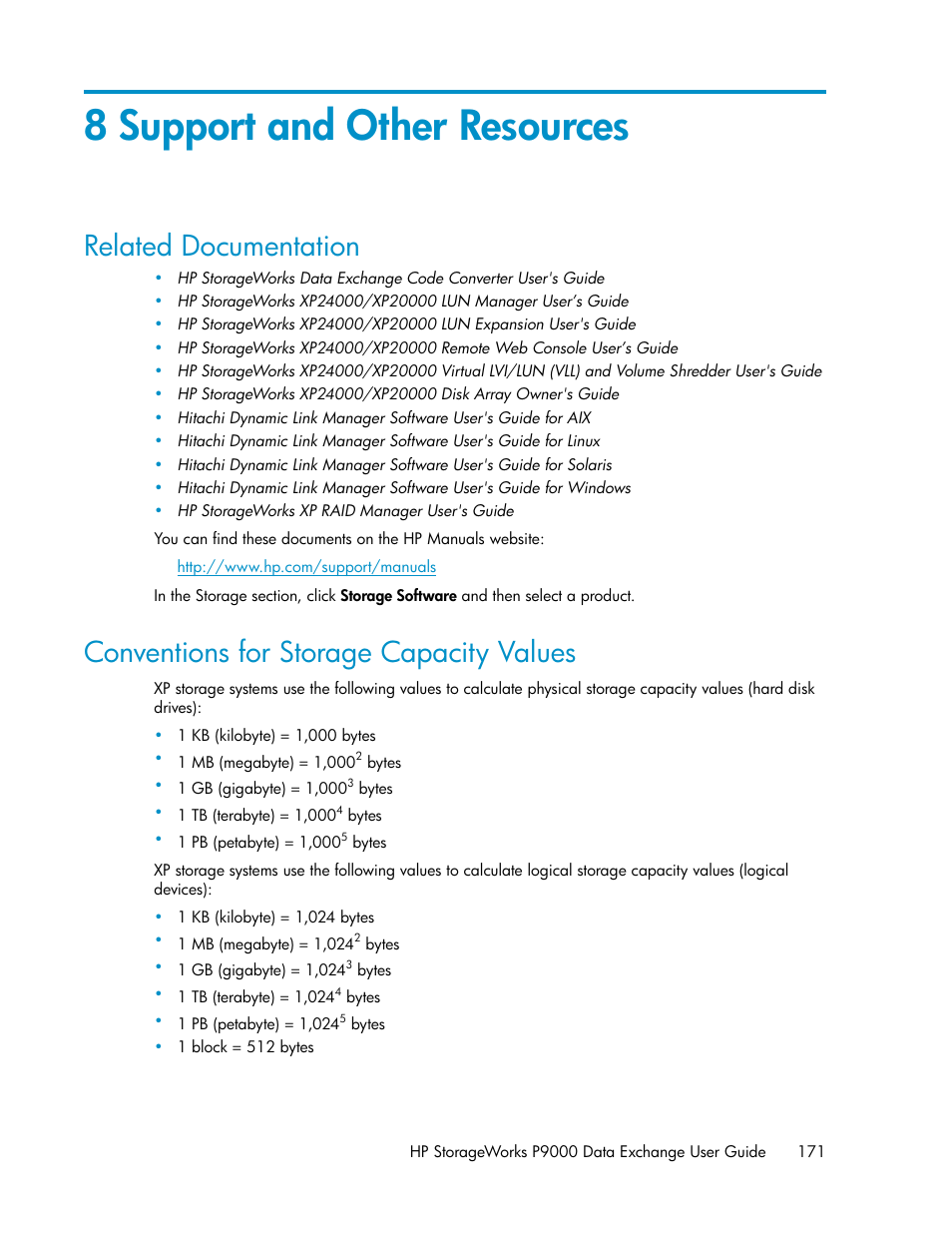 8 support and other resources, Related documentation, Conventions for storage capacity values | 171 conventions for storage capacity values | HP XP P9500 Storage User Manual | Page 171 / 182