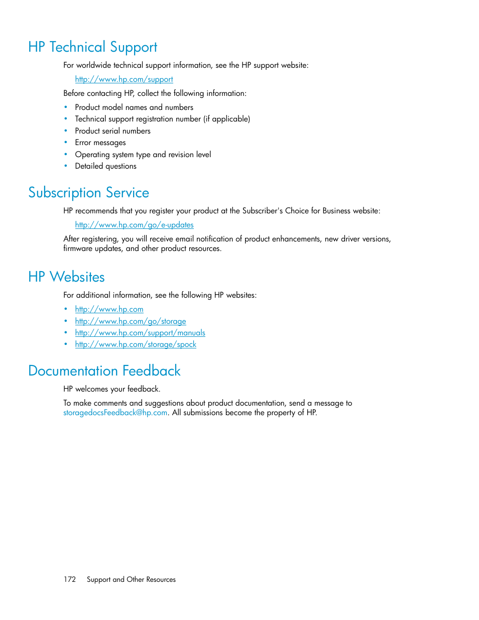 Hp technical support, Subscription service, Hp websites | Documentation feedback, 172 subscription service, 172 hp websites, 172 documentation feedback | HP XP P9500 Storage User Manual | Page 172 / 182