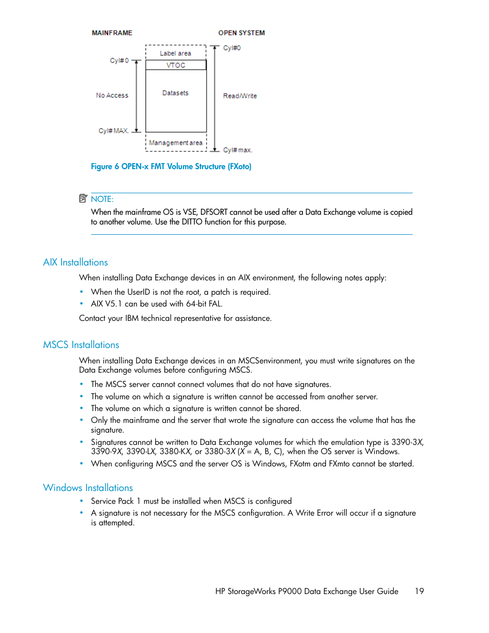 Aix installations, Mscs installations, Windows installations | 19 mscs installations, 19 windows installations, Open-x fmt volume structure (fxoto), Figure 6 | HP XP P9500 Storage User Manual | Page 19 / 182