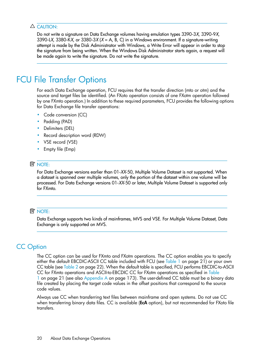 Fcu file transfer options, Cc option | HP XP P9500 Storage User Manual | Page 20 / 182