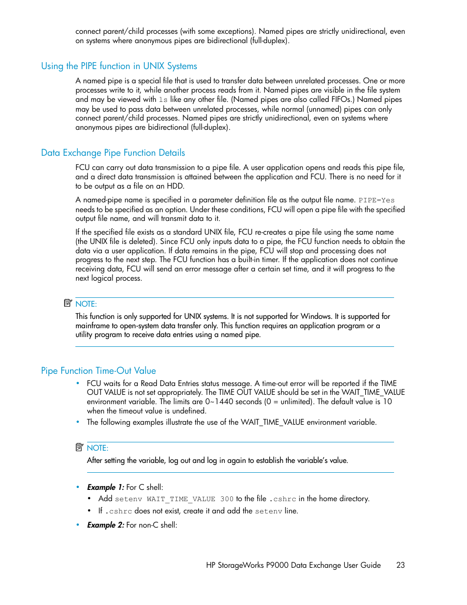 Using the pipe function in unix systems, Data exchange pipe function details, Pipe function time-out value | 23 data exchange pipe function details, 23 pipe function time-out value | HP XP P9500 Storage User Manual | Page 23 / 182