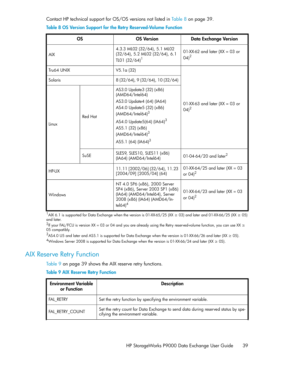 Aix reserve retry function, Table 8 | HP XP P9500 Storage User Manual | Page 39 / 182