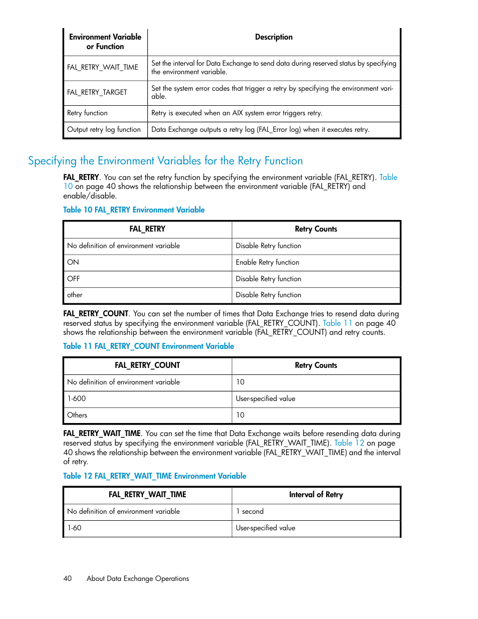 Fal_retry environment variable, Fal_retry_count environment variable, Fal_retry_wait_time environment variable | HP XP P9500 Storage User Manual | Page 40 / 182