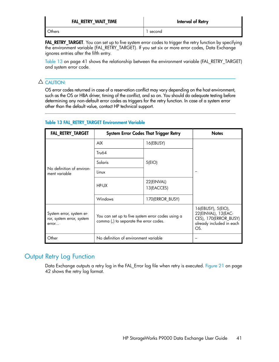 Output retry log function, Fal_retry_target environment variable | HP XP P9500 Storage User Manual | Page 41 / 182