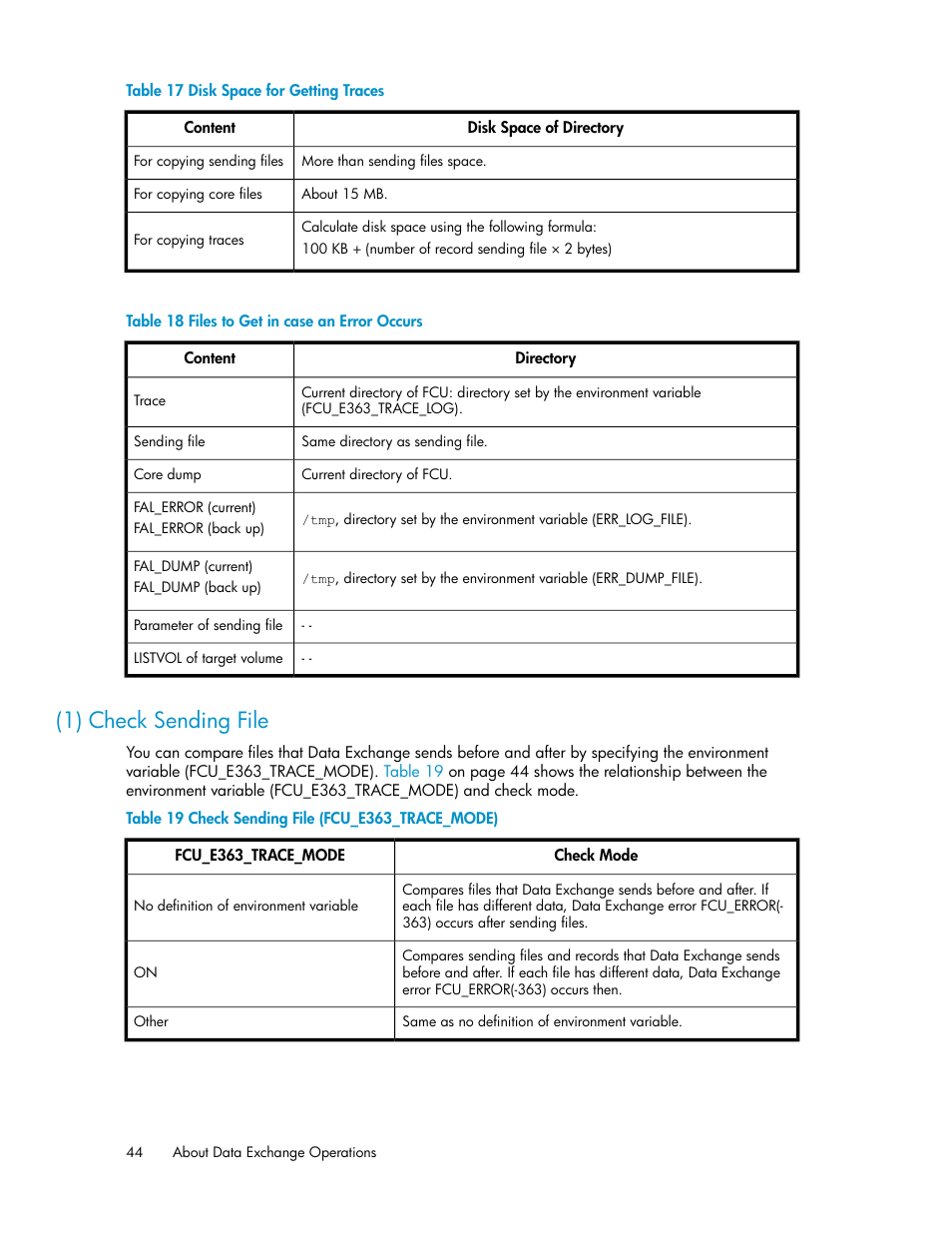 1) check sending file, Disk space for getting traces, Files to get in case an error occurs | Check sending file (fcu_e363_trace_mode), Table 17, Table 18 | HP XP P9500 Storage User Manual | Page 44 / 182