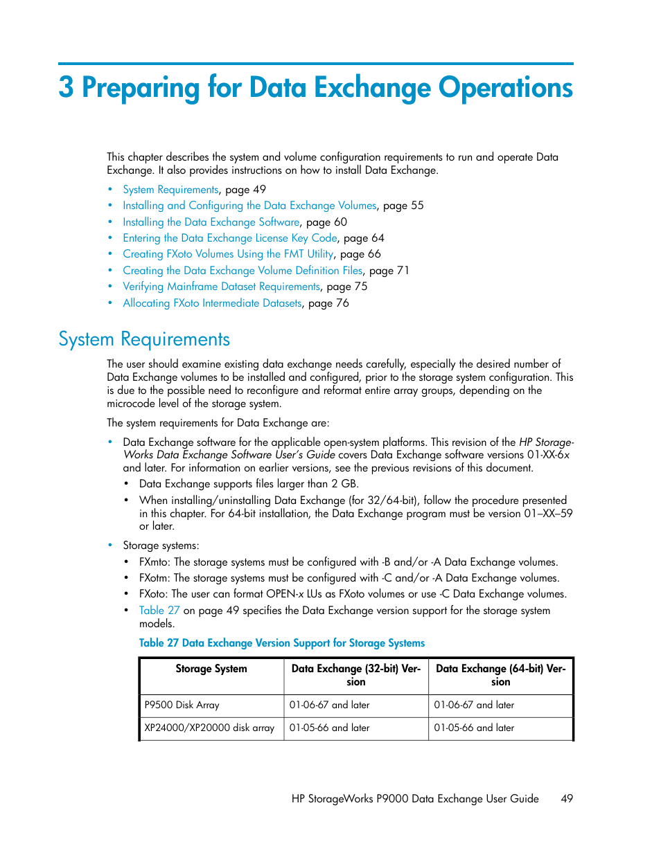 3 preparing for data exchange operations, System requirements, Data exchange version support for storage systems | System, Requirements | HP XP P9500 Storage User Manual | Page 49 / 182