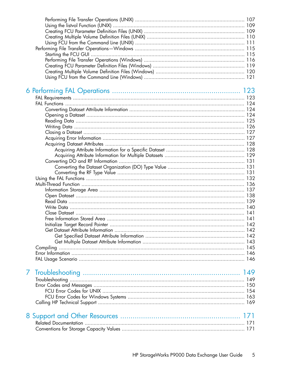 6 performing fal operations, 7 troubleshooting, 8 support and other resources | HP XP P9500 Storage User Manual | Page 5 / 182