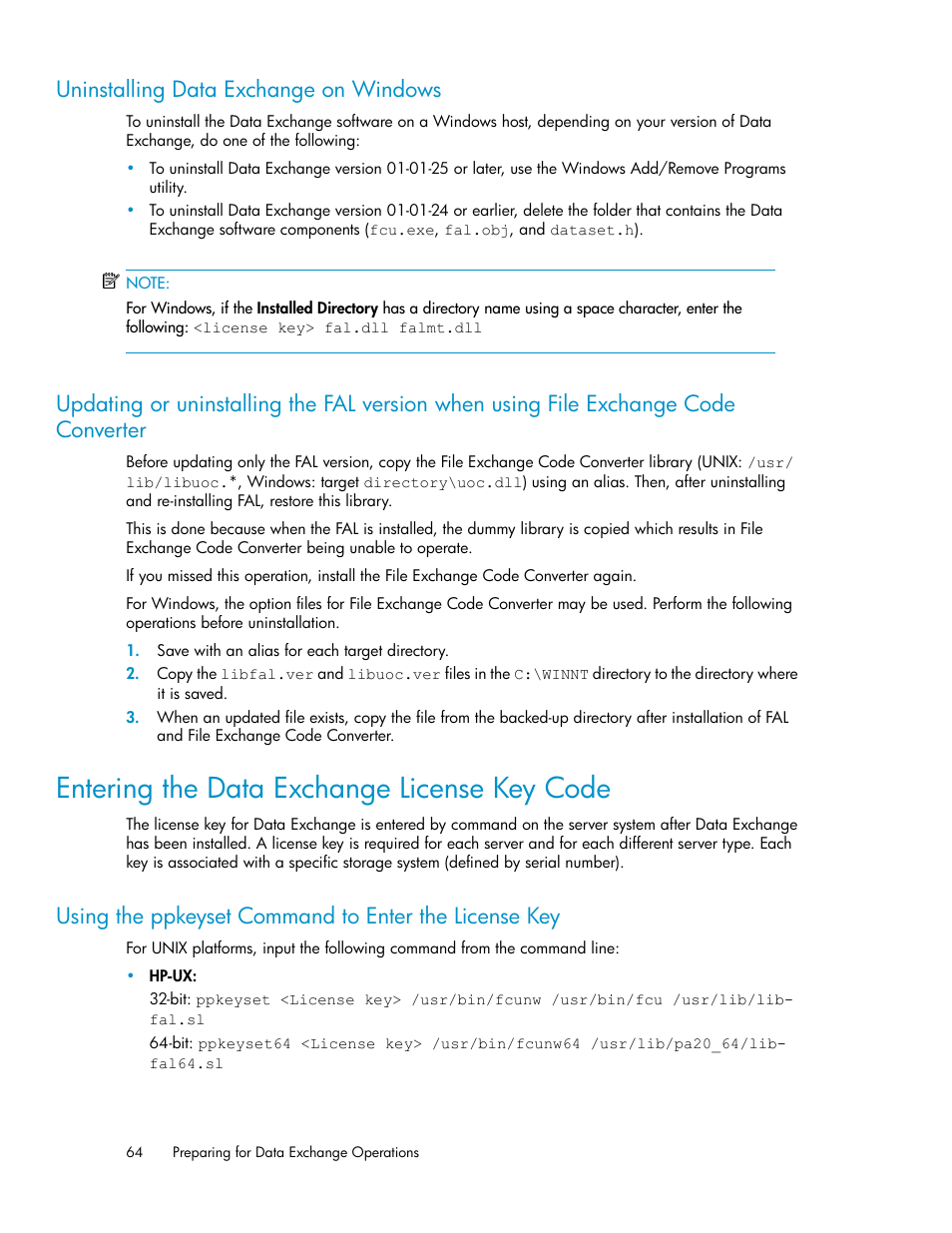 Uninstalling data exchange on windows, Entering the data exchange license key code | HP XP P9500 Storage User Manual | Page 64 / 182