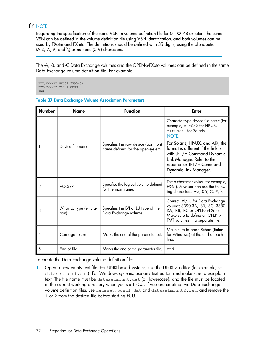 Data exchange volume association parameters, Table 37 | HP XP P9500 Storage User Manual | Page 72 / 182
