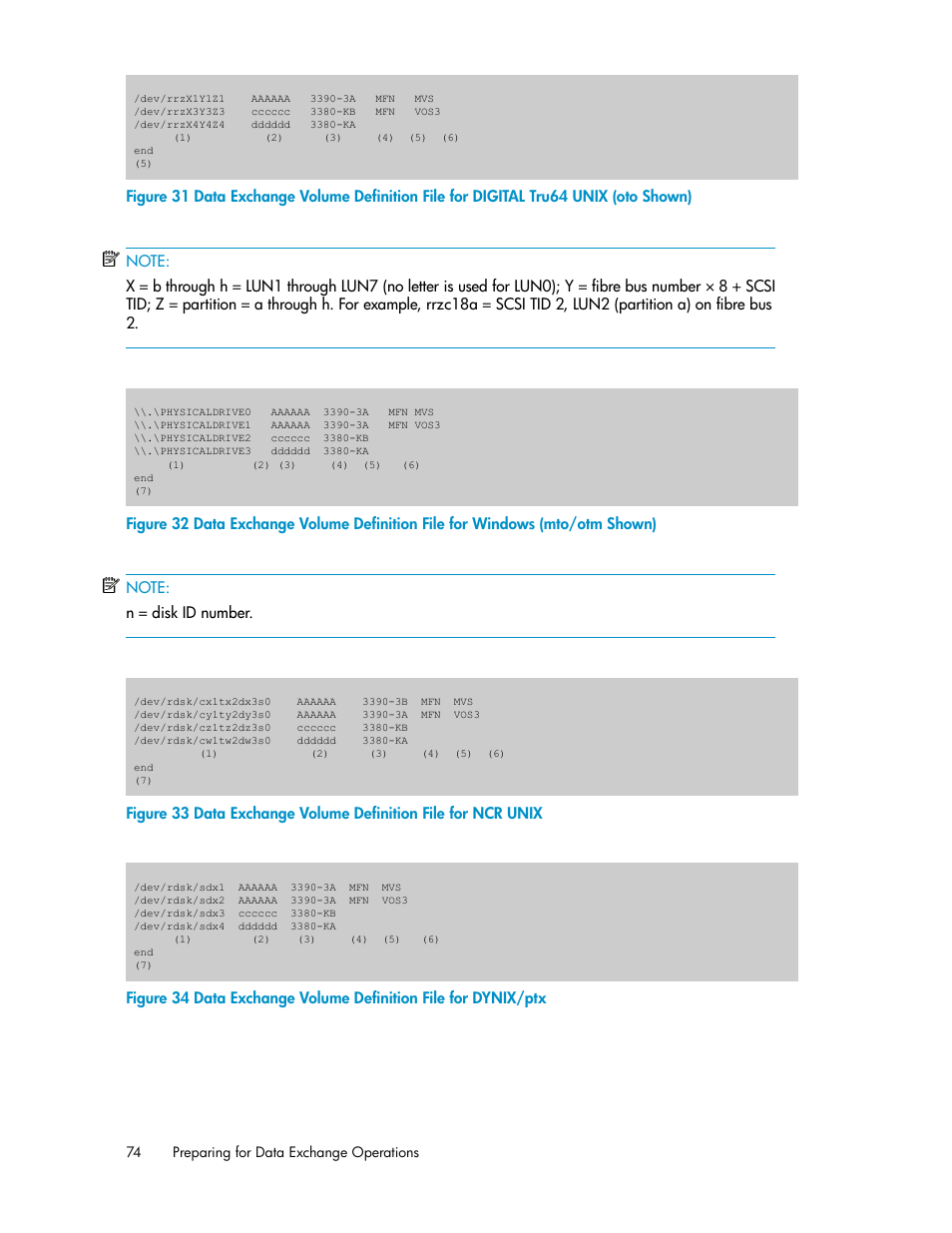 Data exchange volume definition file for ncr unix, Data exchange volume definition file for dynix/ptx | HP XP P9500 Storage User Manual | Page 74 / 182