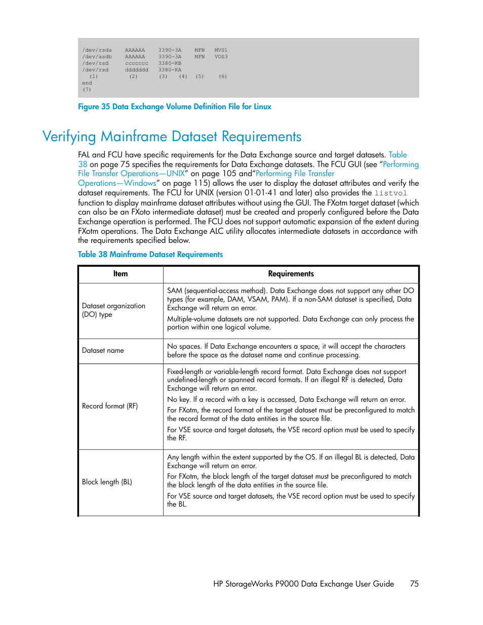 Verifying mainframe dataset requirements, Data exchange volume definition file for linux, Mainframe dataset requirements | Figure 35 | HP XP P9500 Storage User Manual | Page 75 / 182
