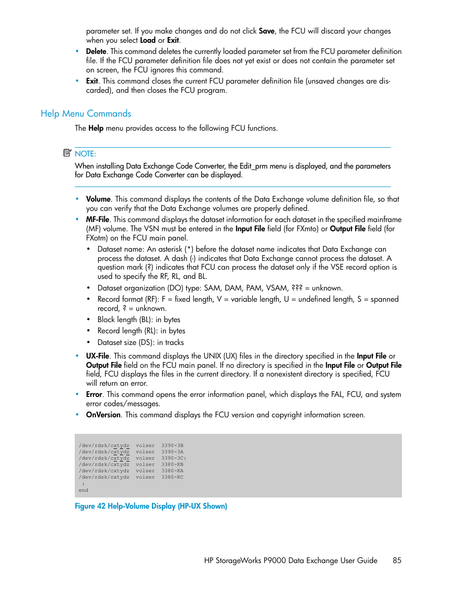 Help menu commands, Help-volume display (hp-ux shown) | HP XP P9500 Storage User Manual | Page 85 / 182