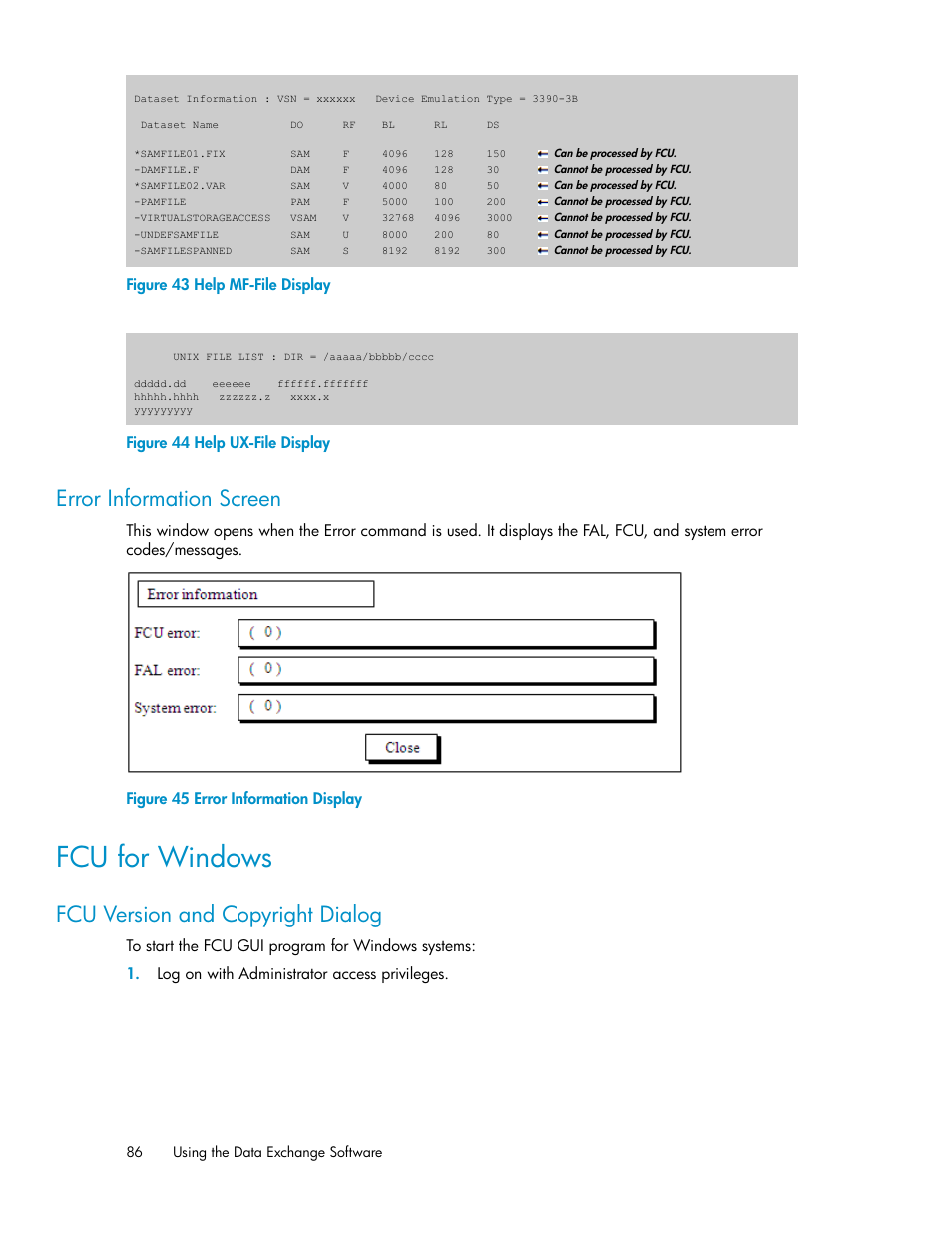 Error information screen, Fcu for windows, Fcu version and copyright dialog | Help mf-file display, Help ux-file display, Error information display, Figure 43 help mf-file display, Figure 44 help ux-file display | HP XP P9500 Storage User Manual | Page 86 / 182